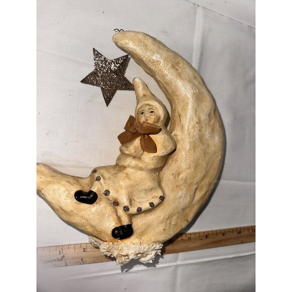Nicol Sayre Vintage Paper Machet Handcrafted Moon & Star Ornament With Sitting F - Picture 15 of 16